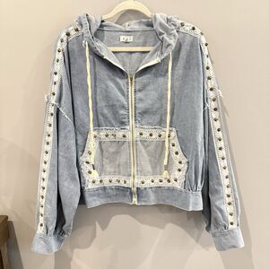 POL Denim Hoodie Jacket Crochet Lace Patchwork Zip Studs Cropped Boho Womens L